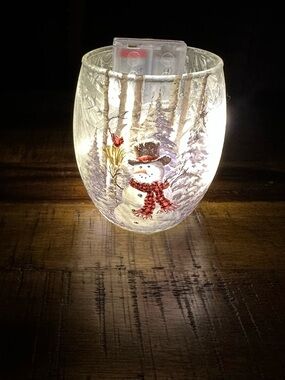 Snowman glass Votive Candle Holder with Red Scarf